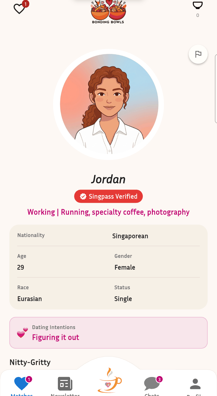 Match deck showing a verified profile card