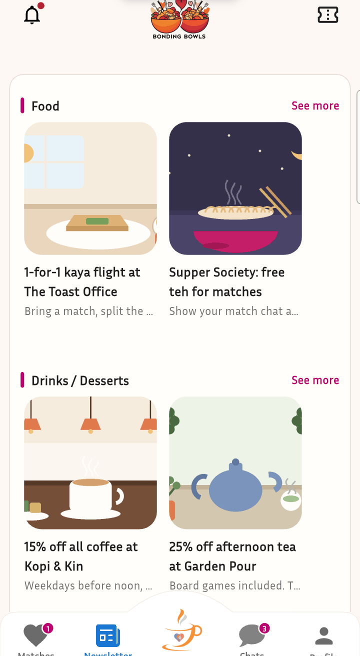 Newsletter feed with cafe deals and images