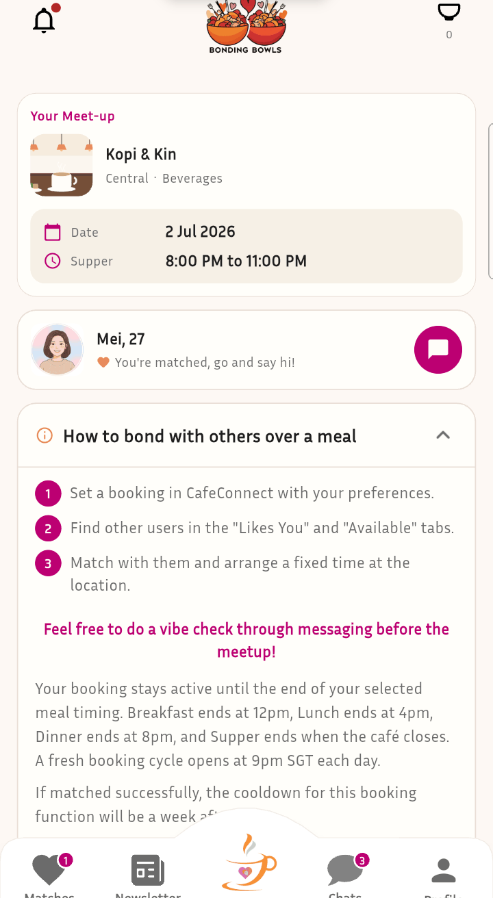 CafeConnect meet-up card with a matched partner