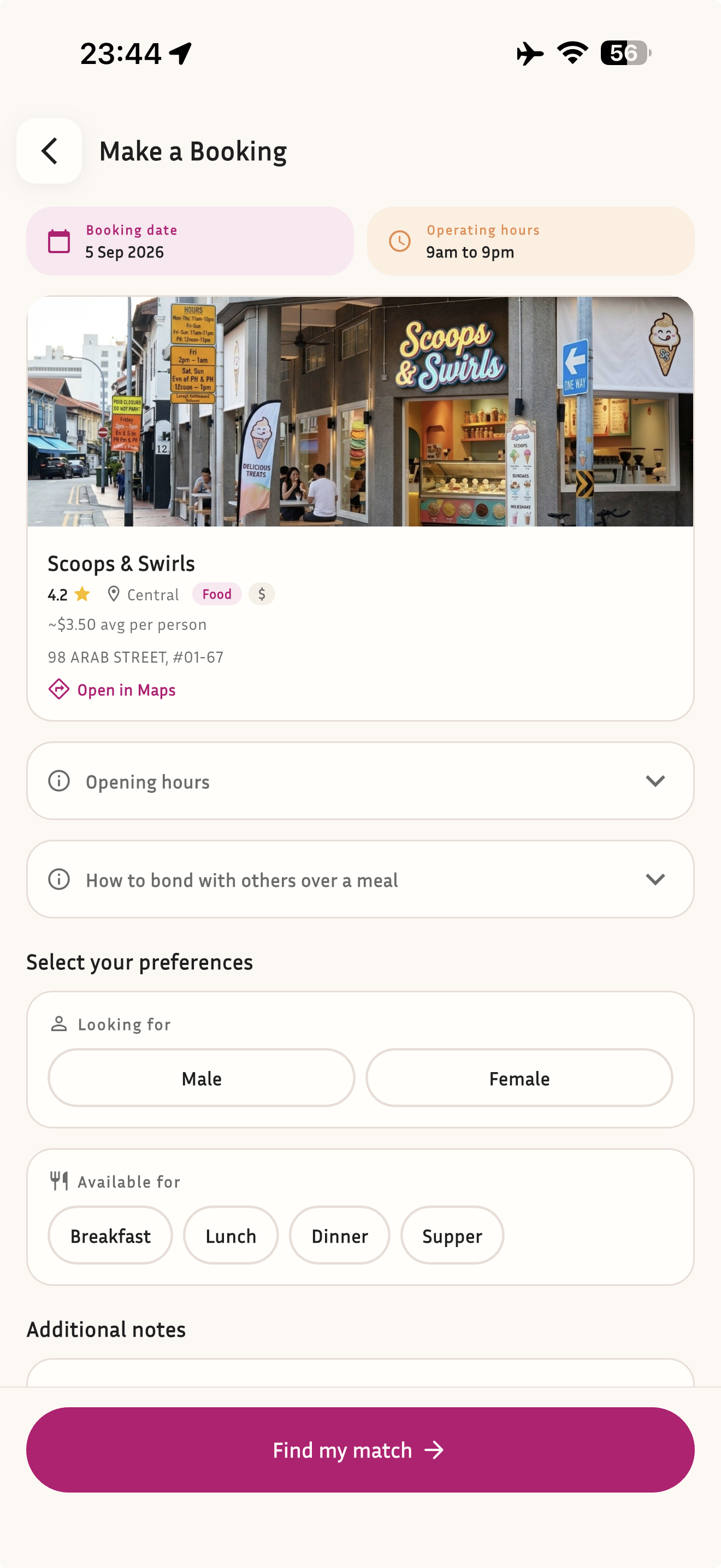 CafeConnect booking screen with cafe, date and meal slot
